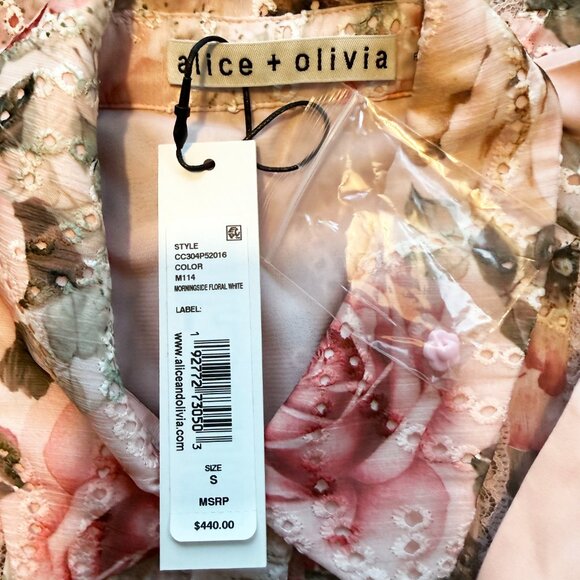 NWT Alice + Olivia “Minda” Floral Eyelet Ruffle-Sleeve Tie-Neck Blouse Size M - Picture 3 of 11